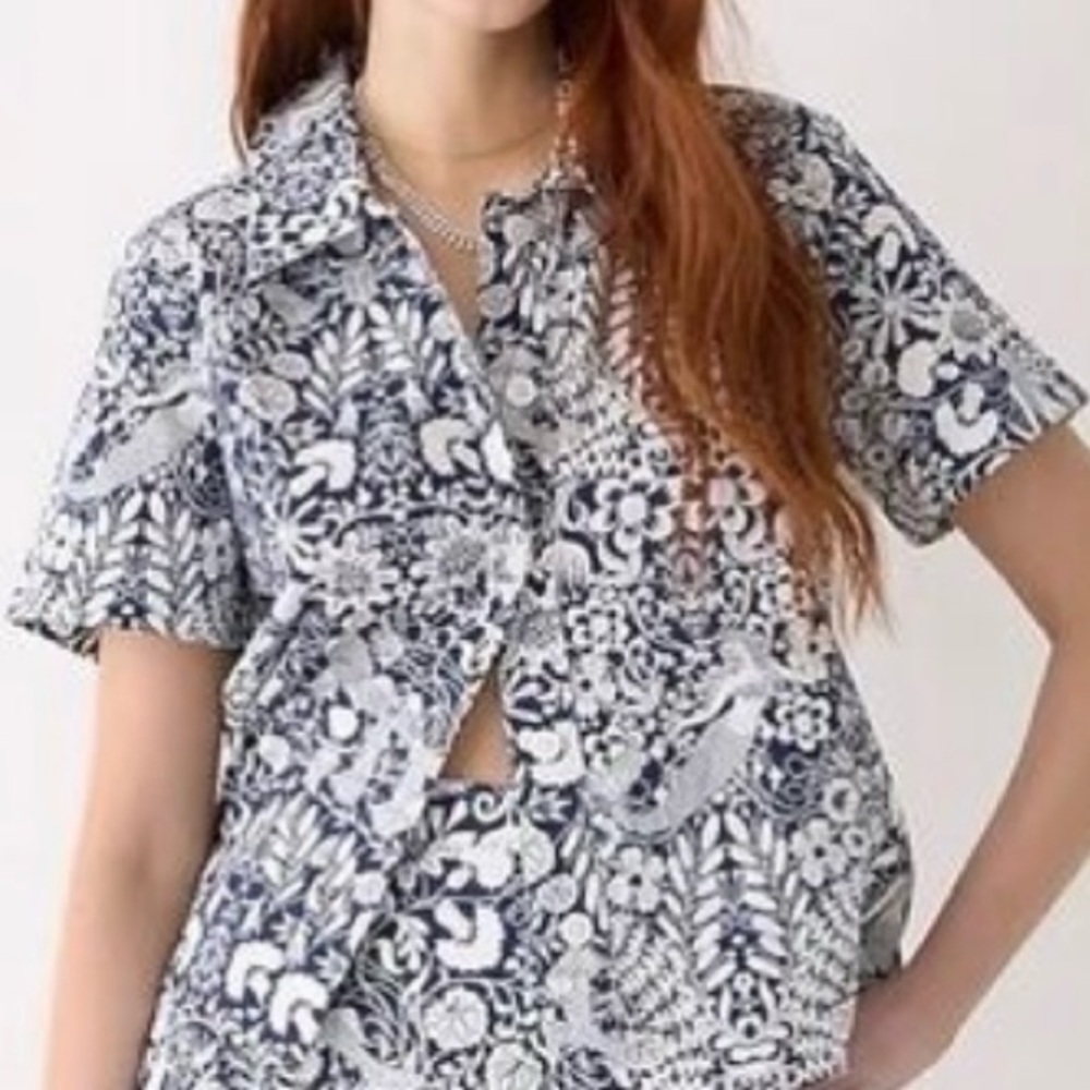J Crew Gamine Poplin Shirt Mermaid/Floral Print